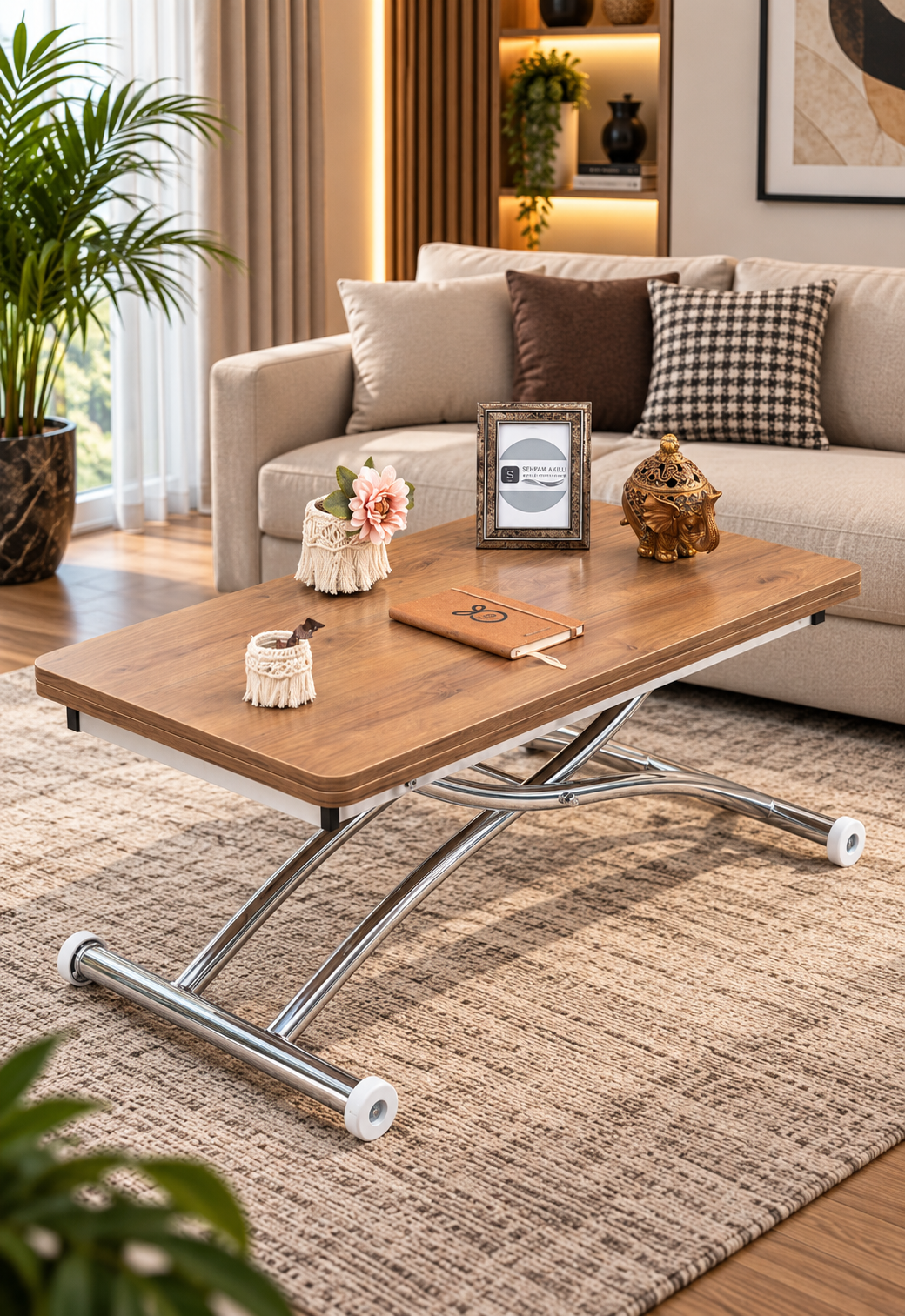 Mini Juppo Smart Coffee Table - Walnut MDF Top & Chrome Plated Outward Curved Leg