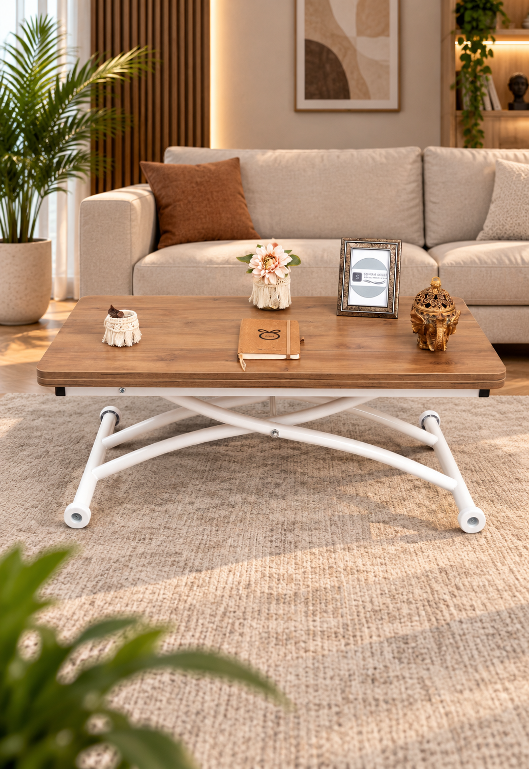 Mini Juppo Smart Coffee Table – Walnut MDF Top & White Outwardly Curved Metal Leg