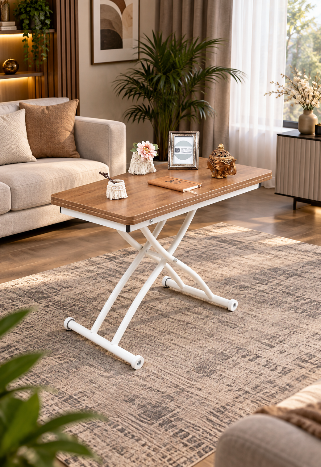 Mini Juppo Smart Coffee Table – Walnut MDF Top & White Outwardly Curved Metal Leg