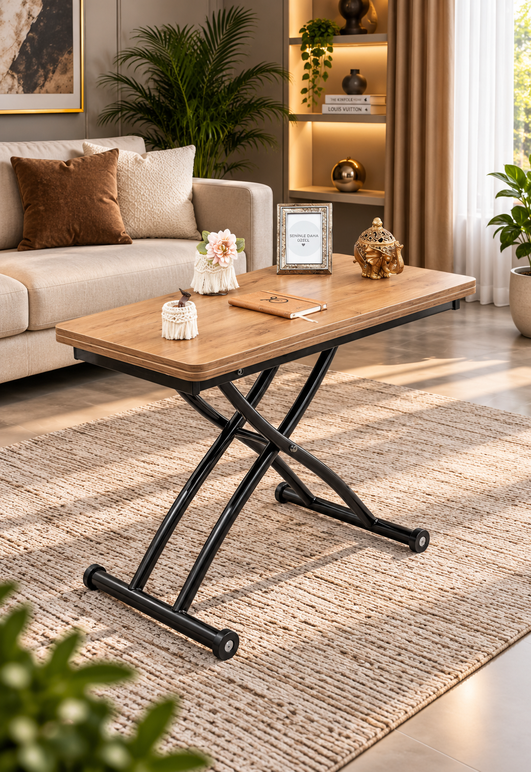 Mini Juppo Smart Coffee Table – Walnut MDF Top & Black Outward Curved Metal Leg