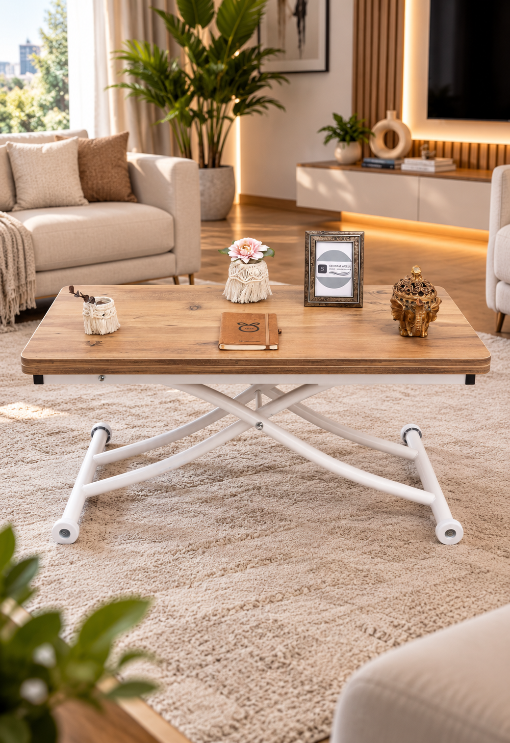 Mini Juppo Smart Coffee Table – EfesCam MDF Top & White Metal Leg