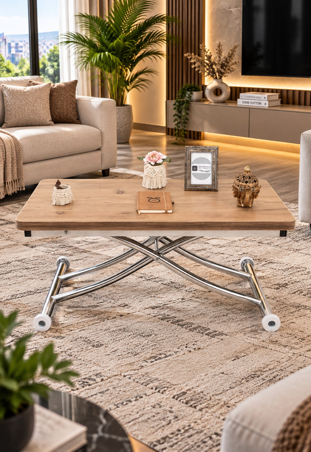 Mini Juppo Smart Coffee Table – EfesCam MDF Top & Chrome-Plated Metal Legs