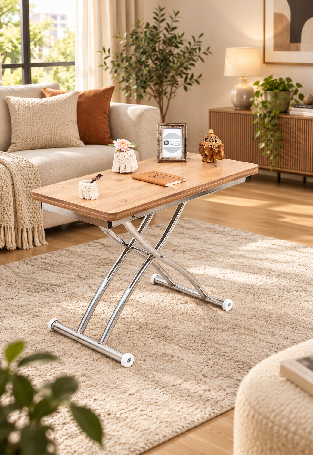 Mini Juppo Akıllı Sehpa – EfesÇam MDF Üst & Krom Dışa Kıvrım Metal Ayak