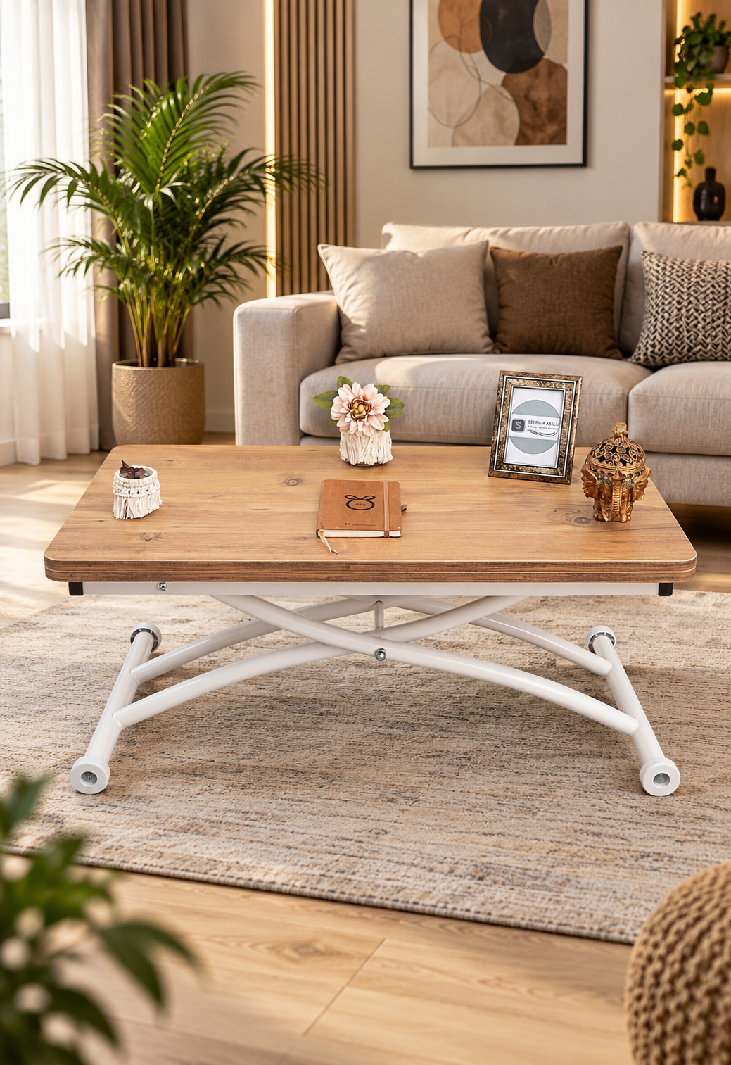 Mini Juppo Smart Coffee Table – EfesCam MDF Top & White Outward-Curved Metal Legs