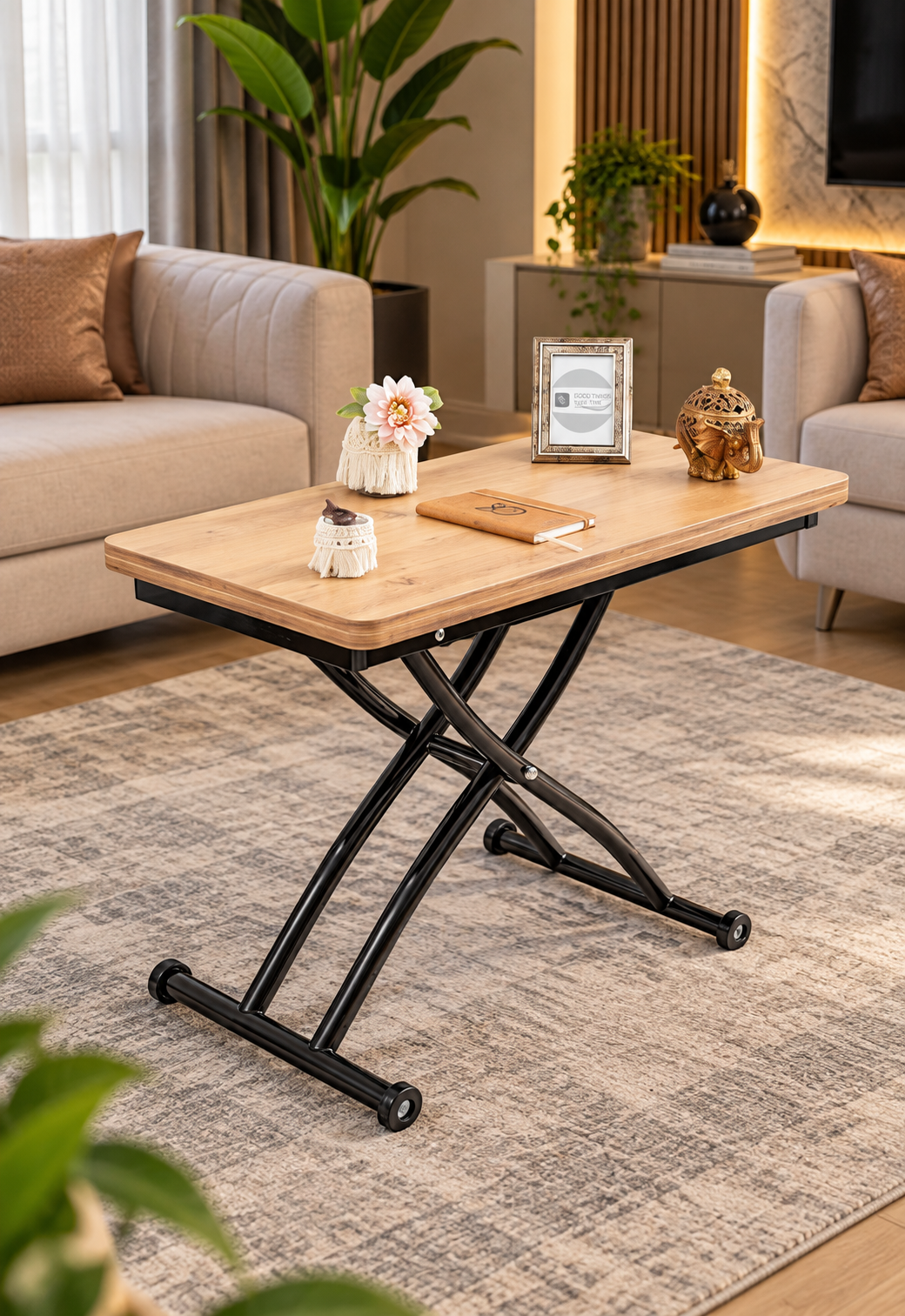 Mini Juppo Smart Coffee Table – EfesCam MDF Top & Black Outward-Curving Metal Legs