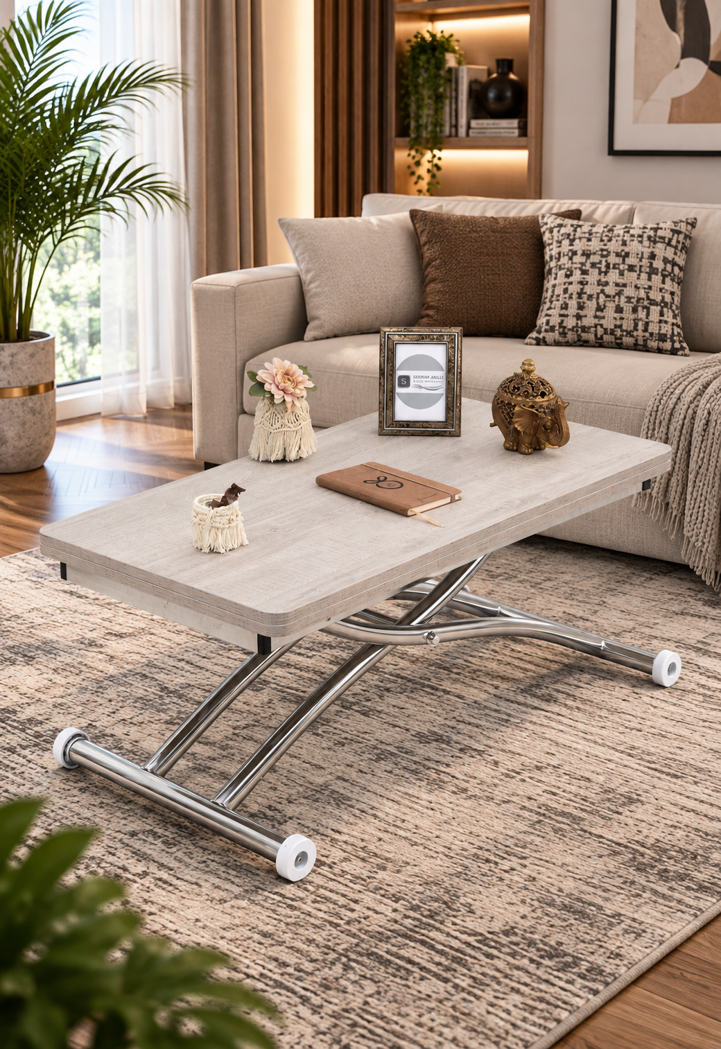Mini Juppo Smart Coffee Table – Lisbon MDF Top & Chrome Outward Curved Metal Leg