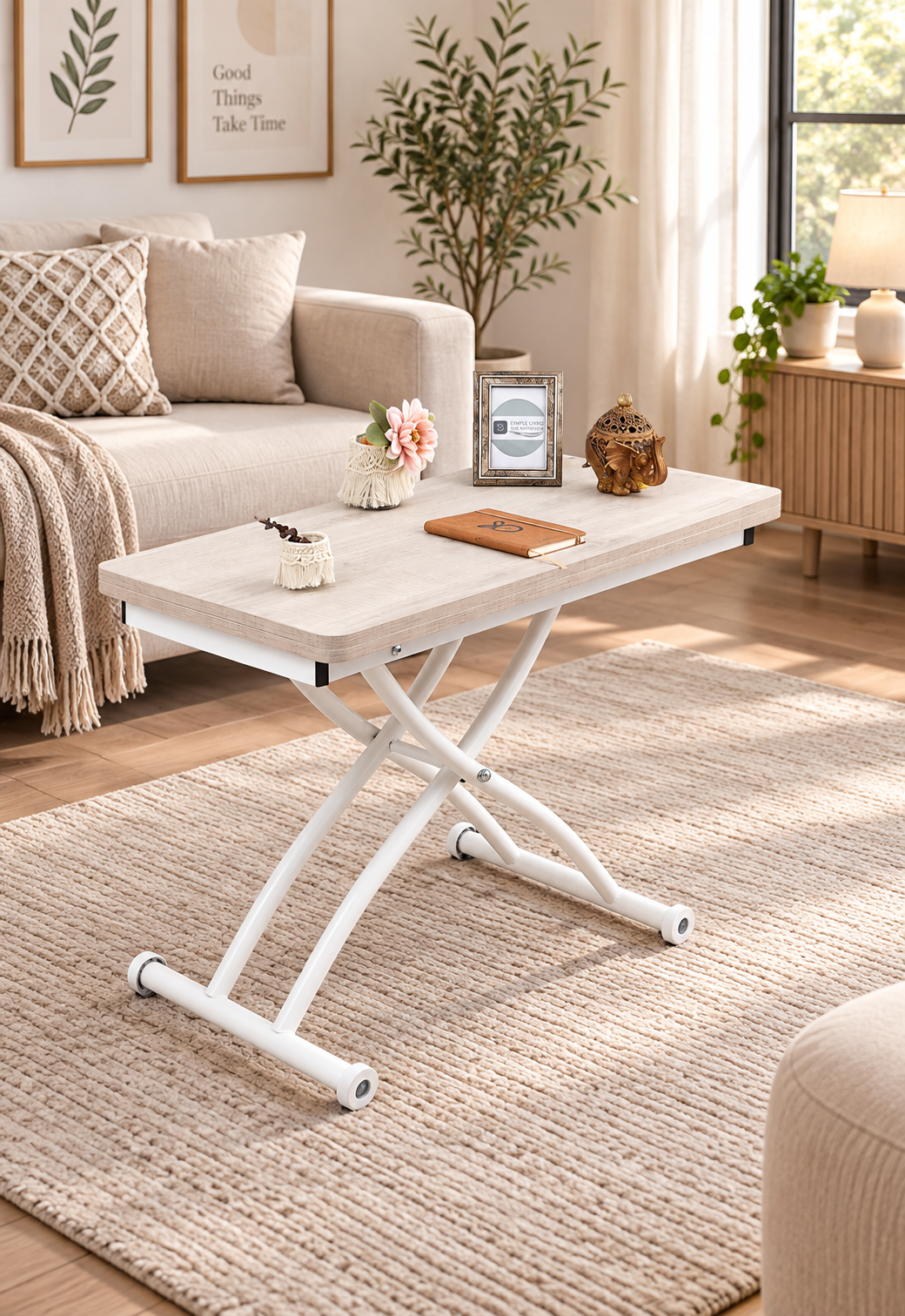 Mini Juppo Smart Coffee Table – Lisbon MDF Top & White Outward-Curved Metal Leg