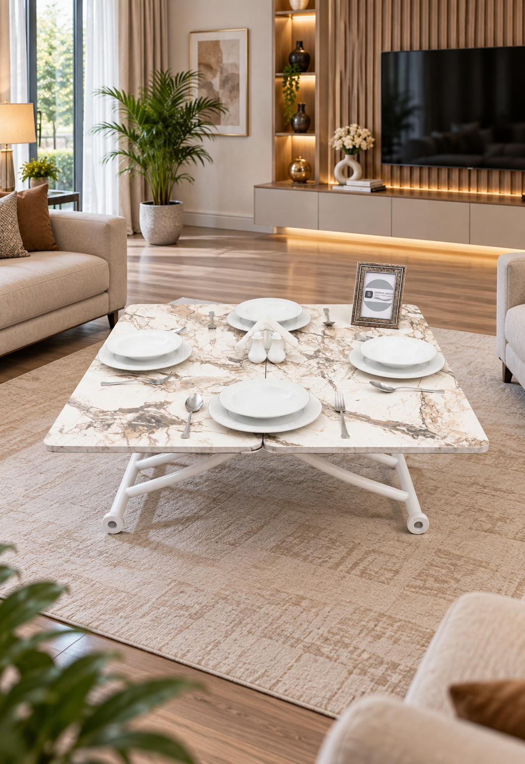 Mini Juppo Smart Coffee Table - White Marble MDF Top & White Metal Leg