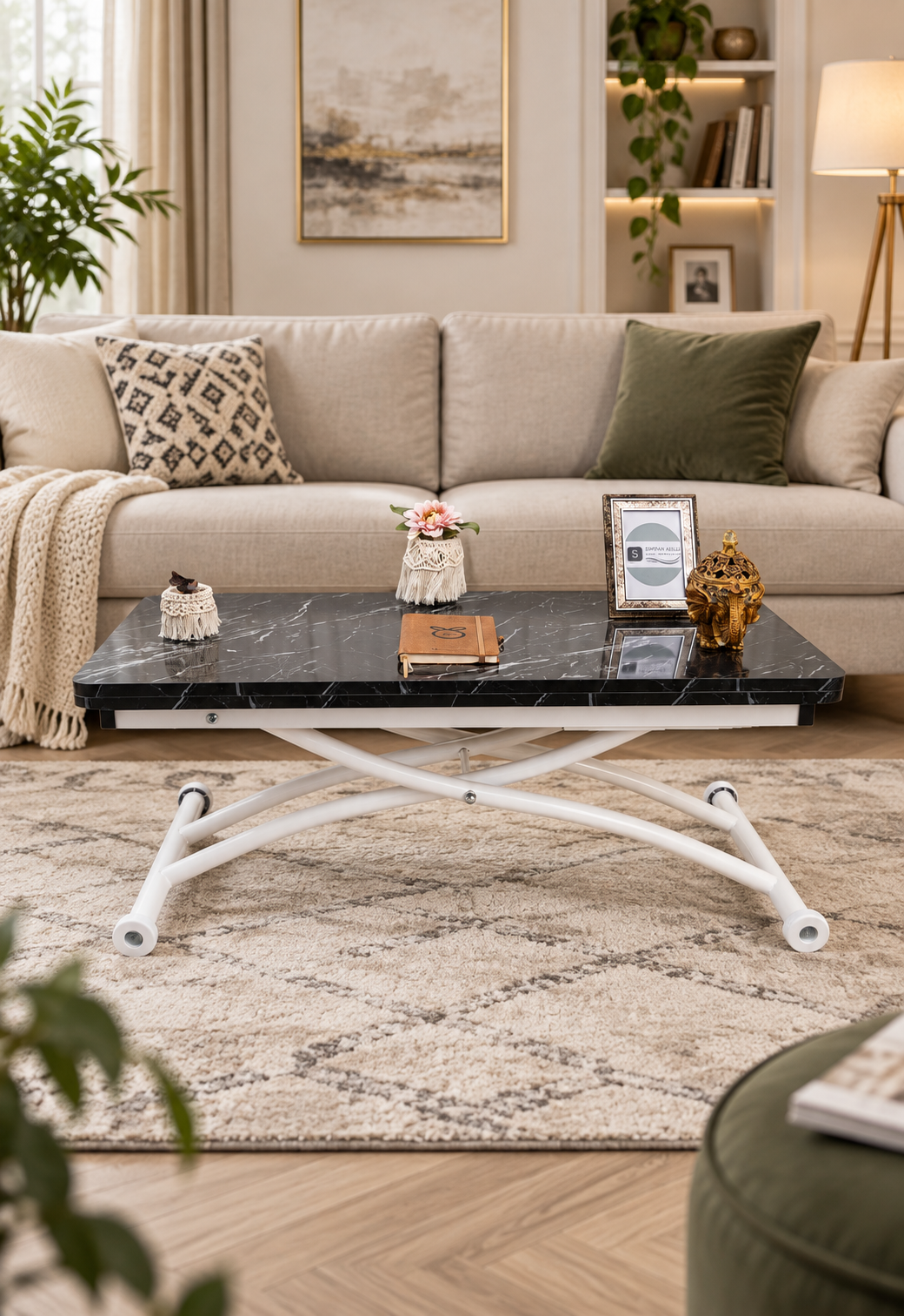 Mini Juppo Smart Coffee Table - Black Marble MDF Top & White Outward-Curved Metal Leg