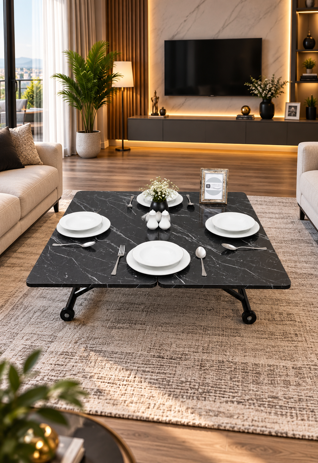 Mini Juppo Smart Side Table – Black Marble MDF Top & Black Outward-Curved Metal Leg