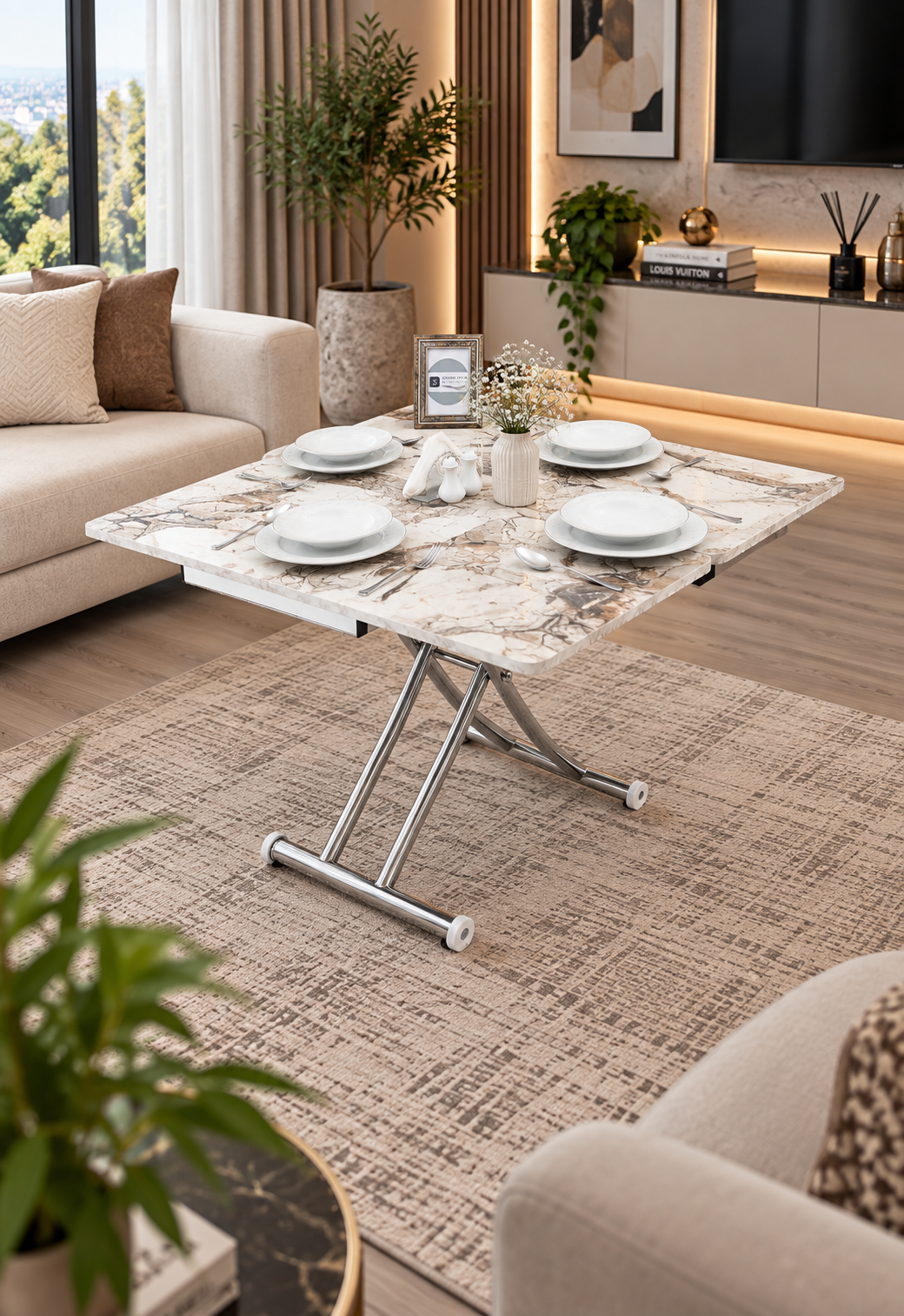 Mini Juppo Smart Coffee Table – White Marble MDF Top & Chrome Plated Metal Legs