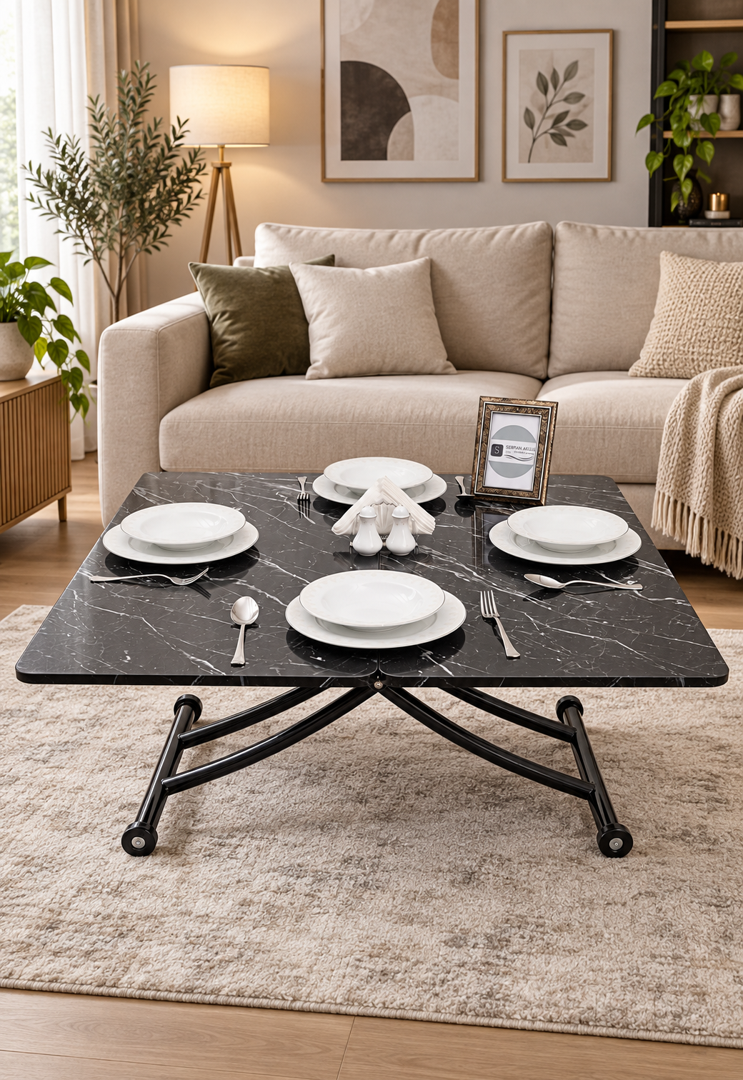 Mini Juppo Smart Coffee Table – Black Marble MDF Top & Black Metal Leg