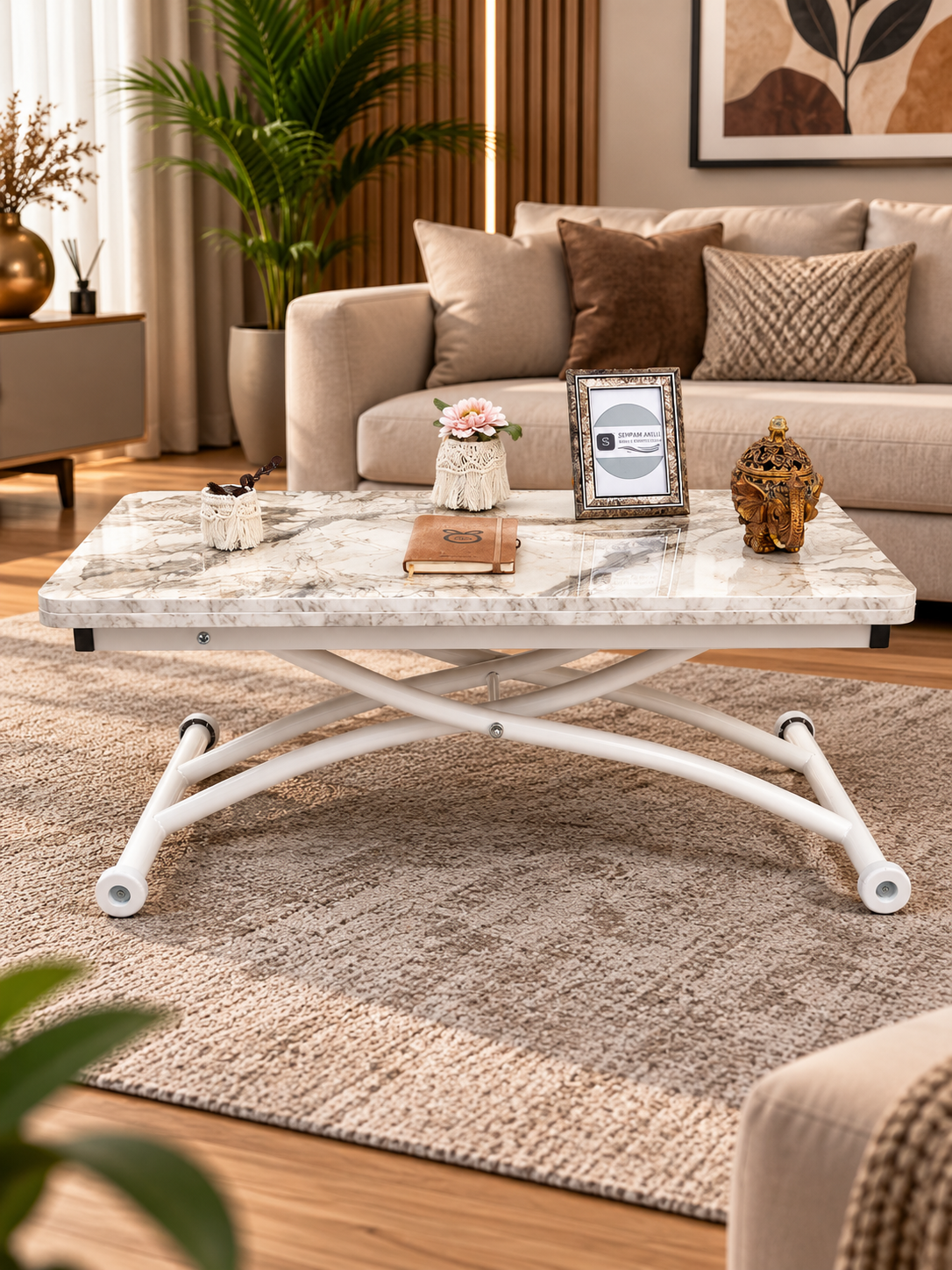 Mini Juppo Smart Coffee Table – White Marble MDF Top & White Outward Curved Metal Leg
