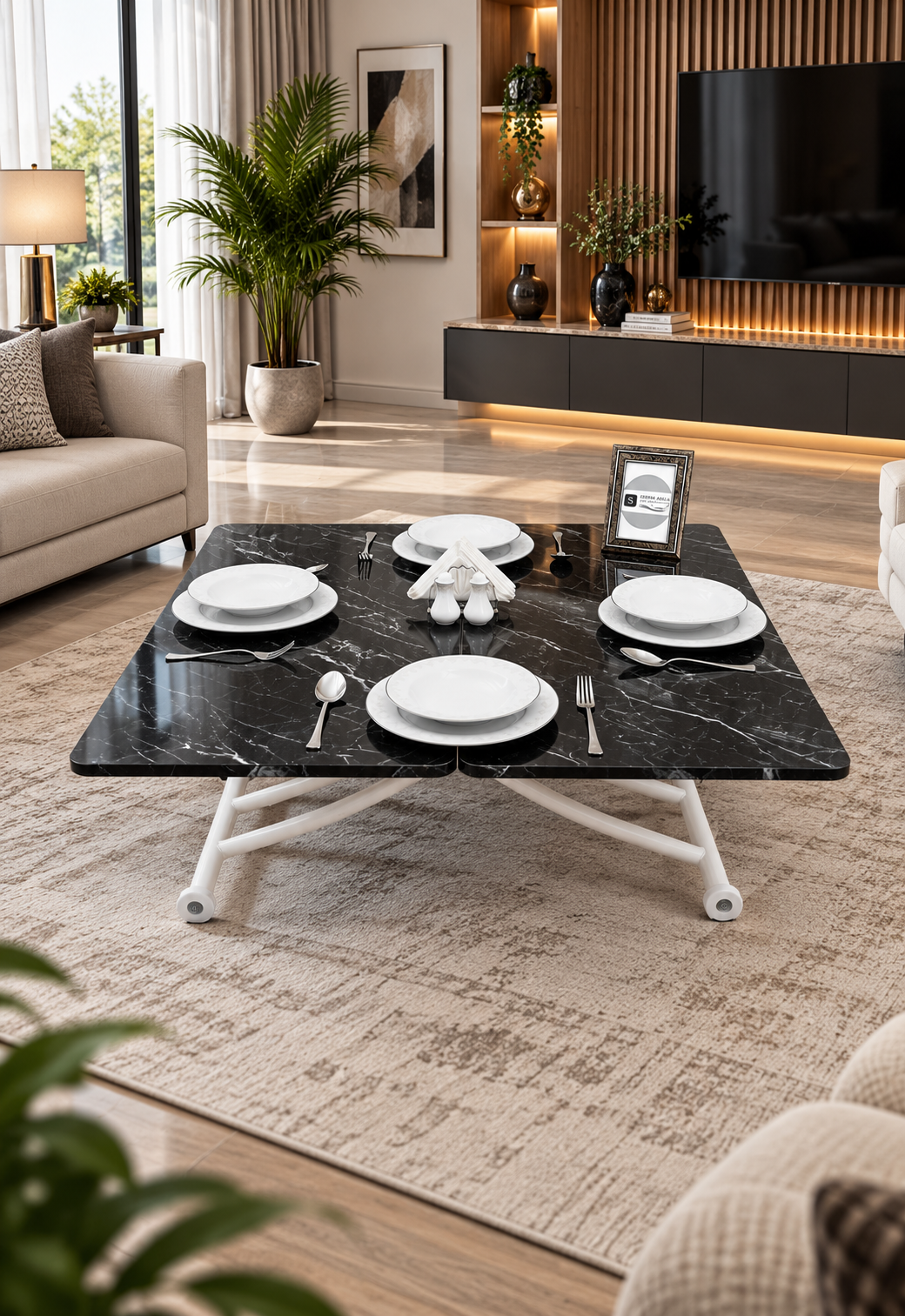 Mini Juppo Smart Coffee Table – Black Marble MDF Top & White Metal Leg