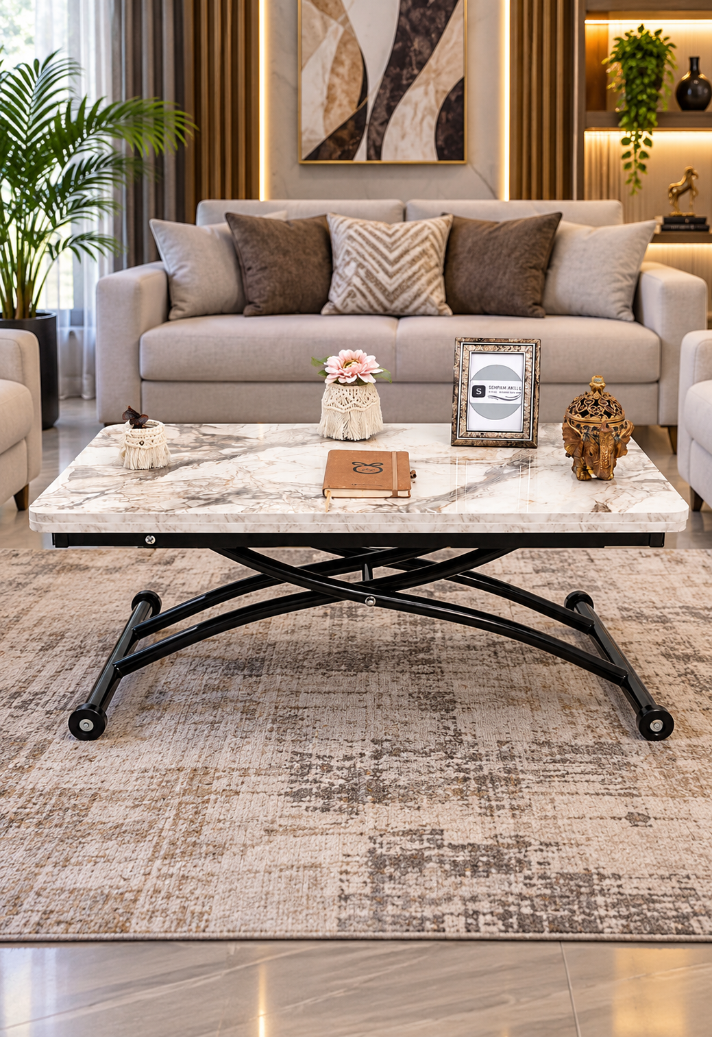 Mini Juppo Smart Coffee Table – White Marble MDF Top & Black Outward Curved Metal Leg