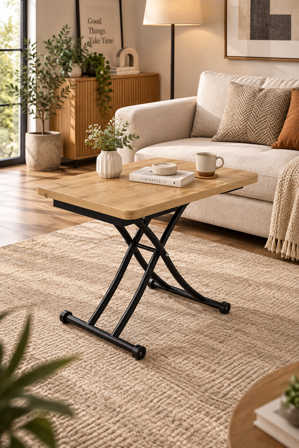Mini Juppo Smart Coffee Table – Antique Light MDF Top & Black Metal Leg