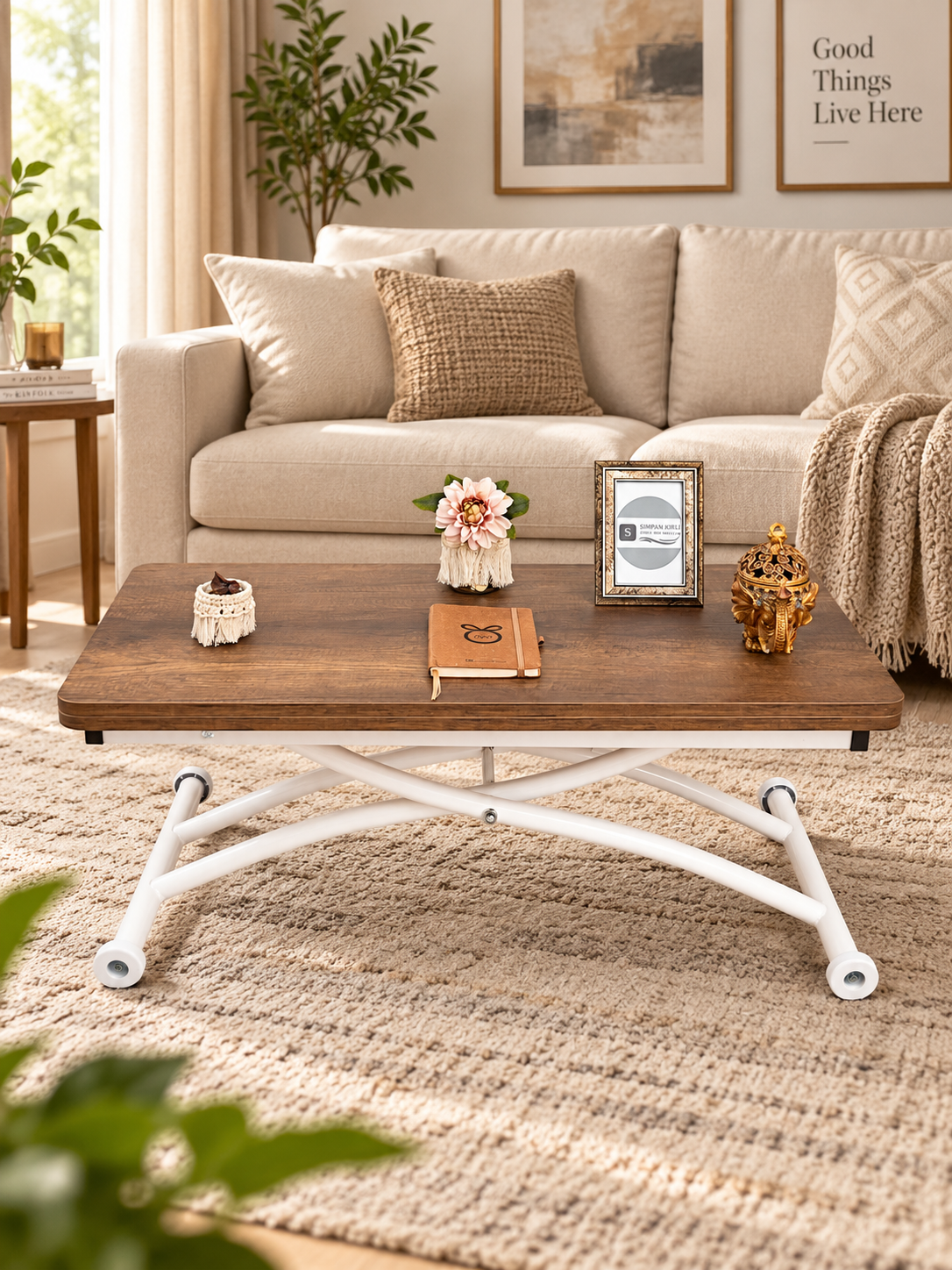 Mini Juppo Smart Coffee Table – White Marble MDF Top & White Outward Curved Metal Leg
