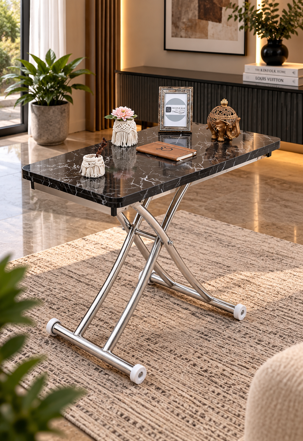Mini Juppo Smart Side Table – Black Marble MDF Top & Chrome Plated Metal Legs