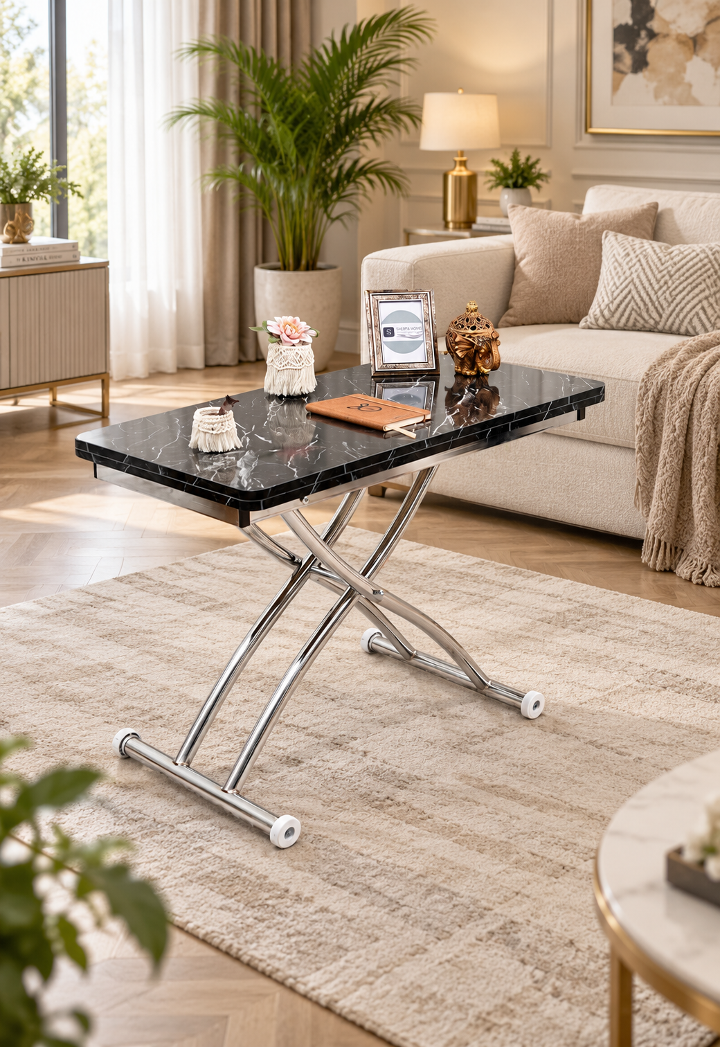 Mini Juppo Smart Coffee Table – Black Marble MDF Top & Chrome Outward Curled Metal Legs