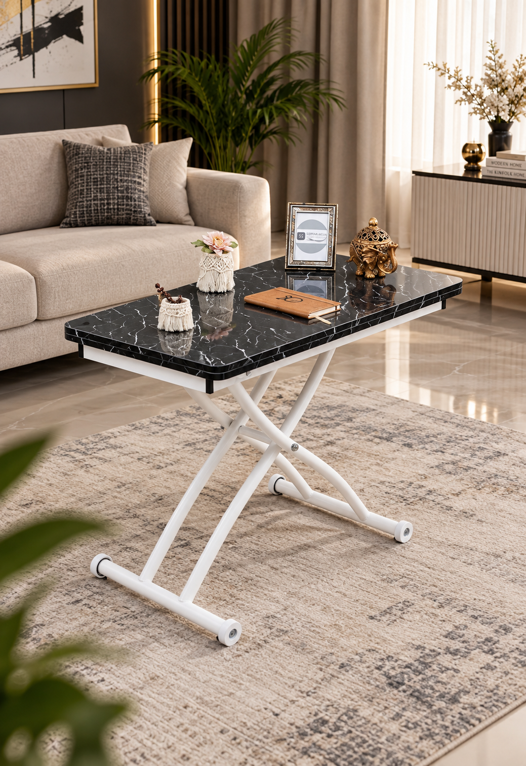 Mini Juppo Smart Coffee Table - Black Marble MDF Top & White Outward-Curved Metal Leg