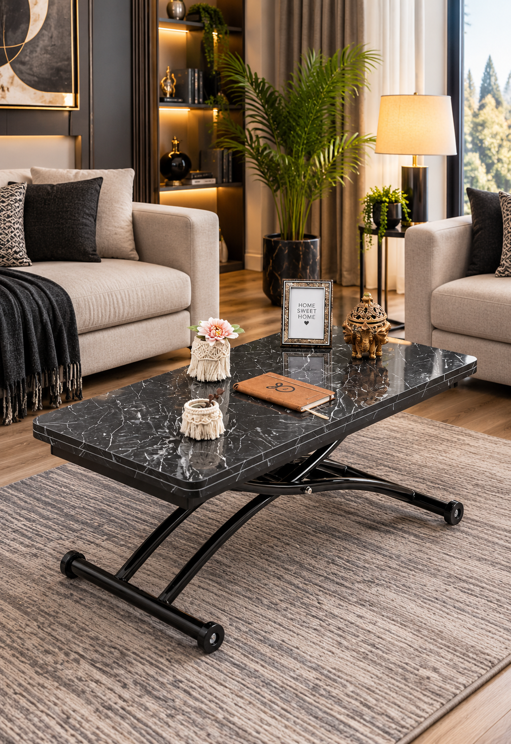 Mini Juppo Smart Side Table – Black Marble MDF Top & Black Outward-Curved Metal Leg