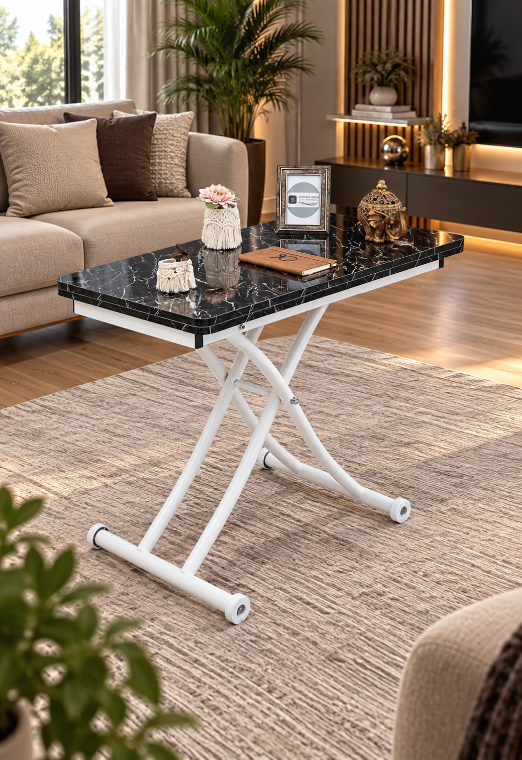 Mini Juppo Smart Coffee Table – Black Marble MDF Top & White Metal Leg