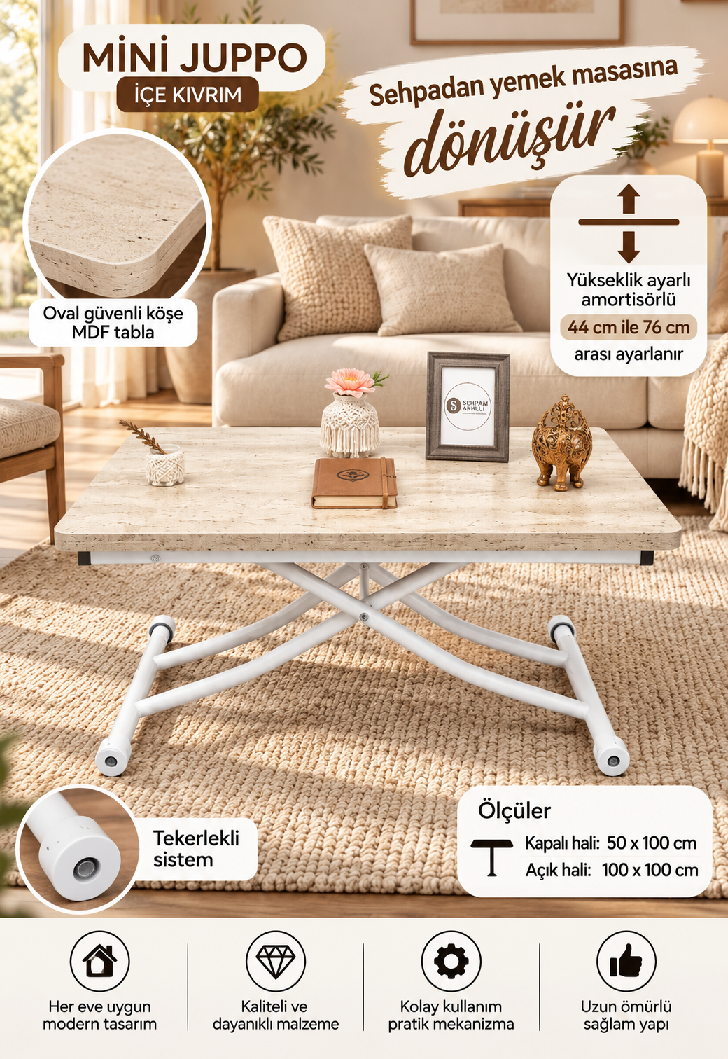 Mini Juppo Smart Coffee Table – Travertine MDF Top & White Metal Leg