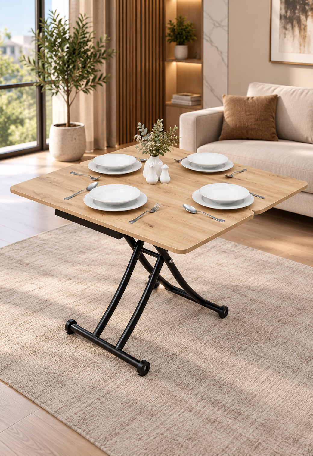 Mini Juppo Smart Coffee Table – Antique Light MDF Top & Black Metal Leg