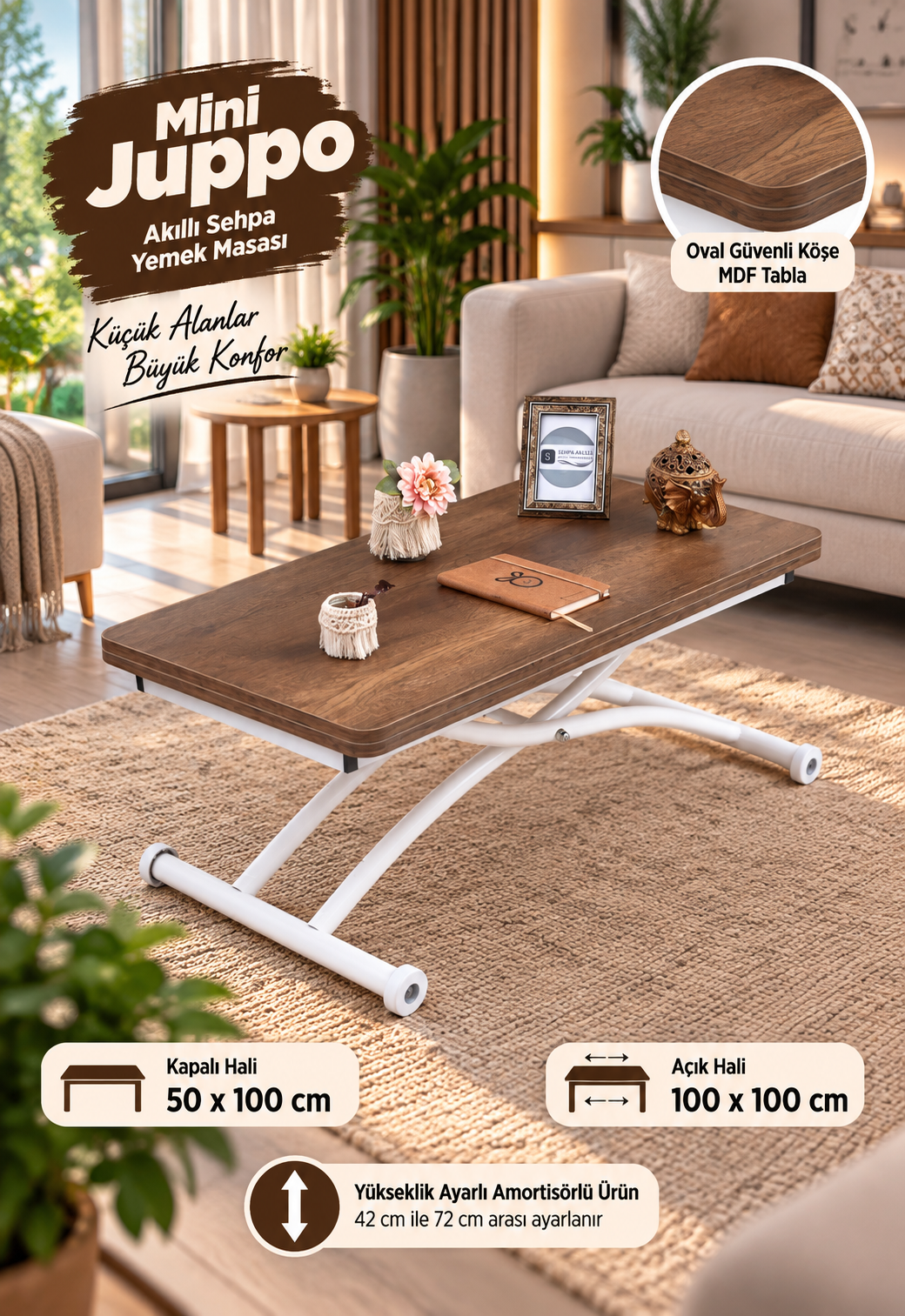 Mini Juppo Smart Coffee Table – White Marble MDF Top & White Outward Curved Metal Leg