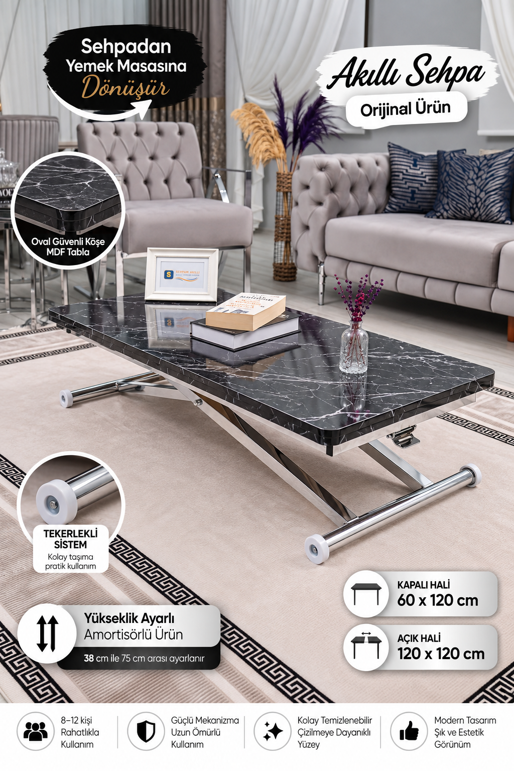 Home Smart Coffee Table – Black Marble MDF Top & Chrome Plated Metal Leg