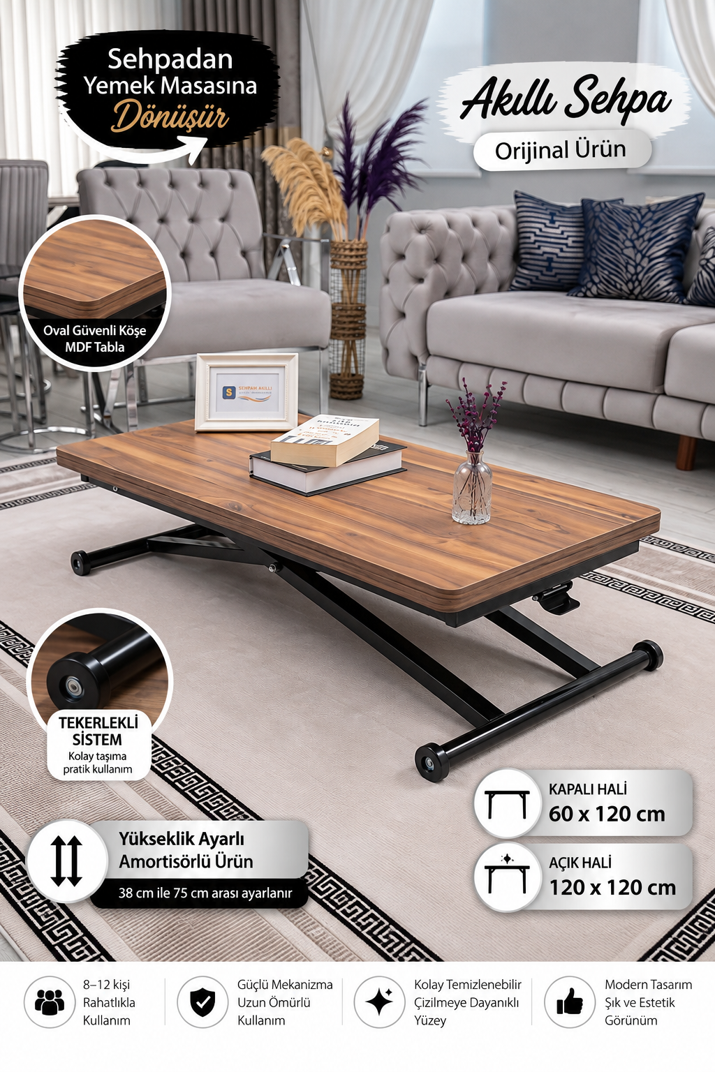 Home Smart Coffee Table – Antique Light MDF Top & Black Metal Legs