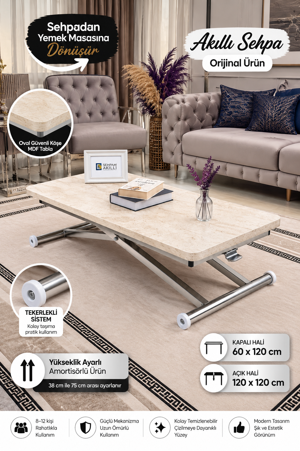 Home Smart Coffee Table – Travertine MDF Top & Chrome Plated Metal Legs