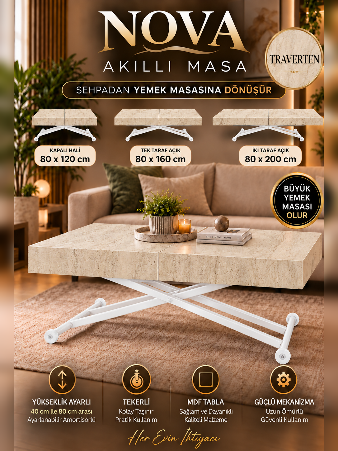 Oval Side-Opening Smart Table | Travertine MDF & Black