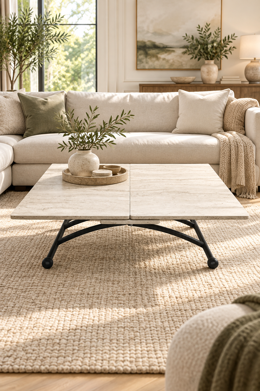 Extendable Square Smart Table | Travertine MDF & Black