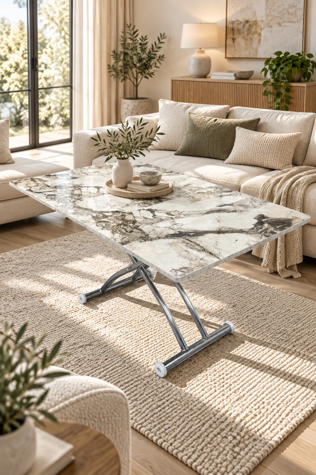 Square Smart Table with Central Opening | White Marble MDF & Chrome