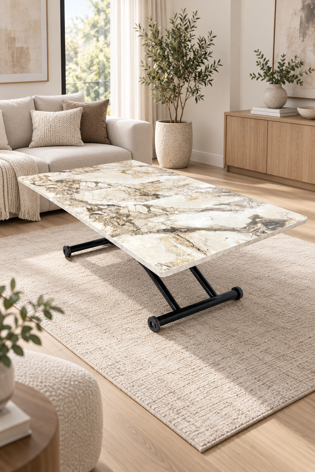 Center Opening Square Smart Table | White Marble MDF & Black