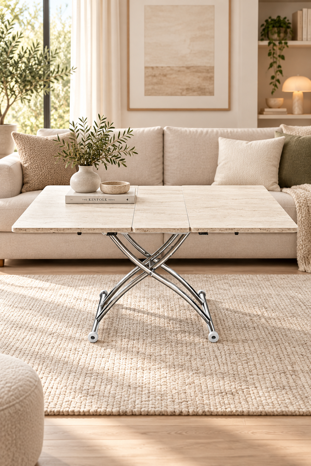 Expanding Square Smart Table | Travertine MDF & Chrome