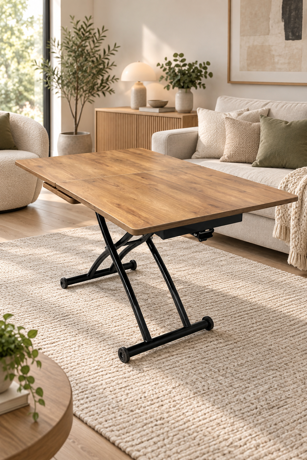Center-Opening Square Smart Table | Walnut MDF & Black
