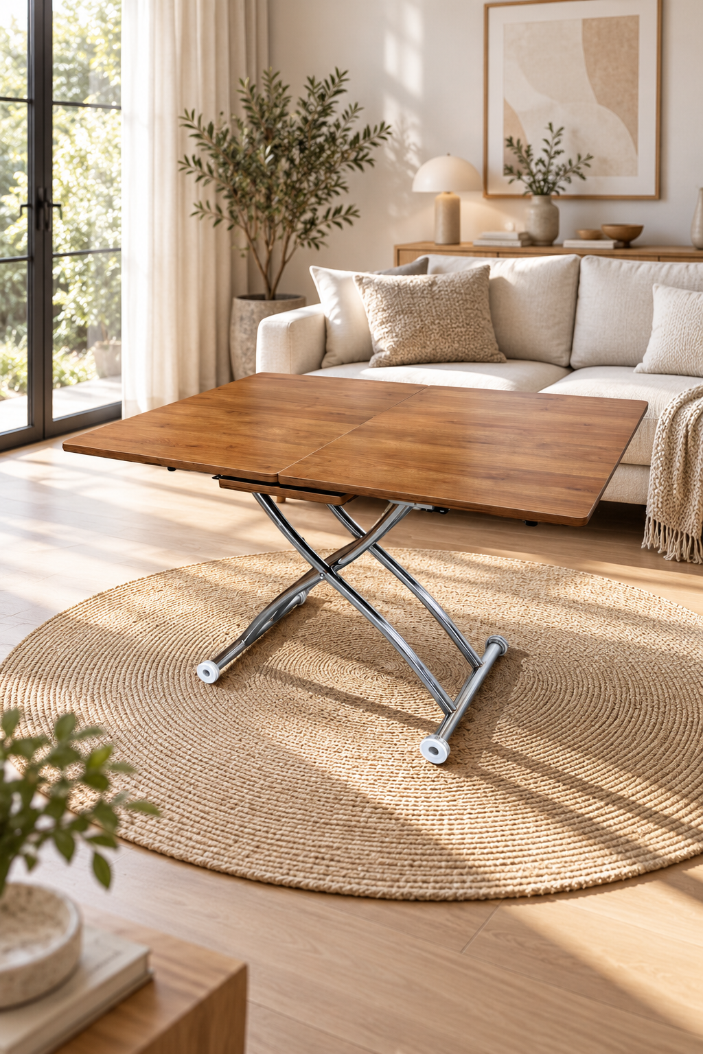 Mid-Openable Square Smart Table | Walnut MDF & Chrome