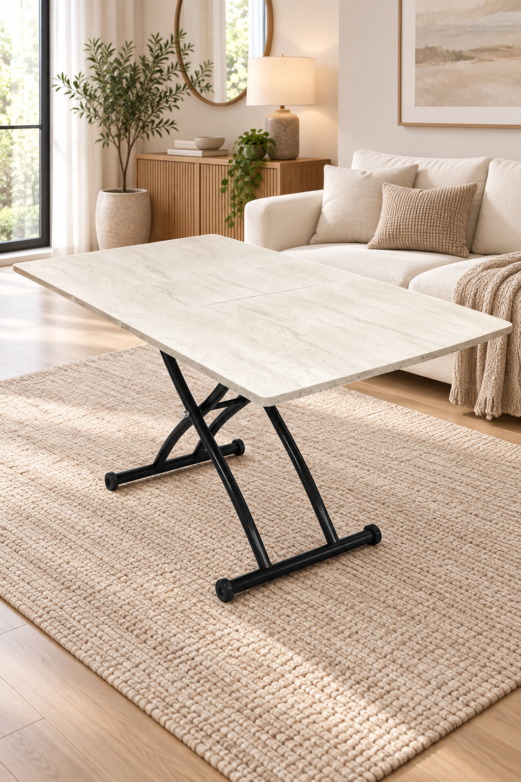 Extendable Square Smart Table | Travertine MDF & Black