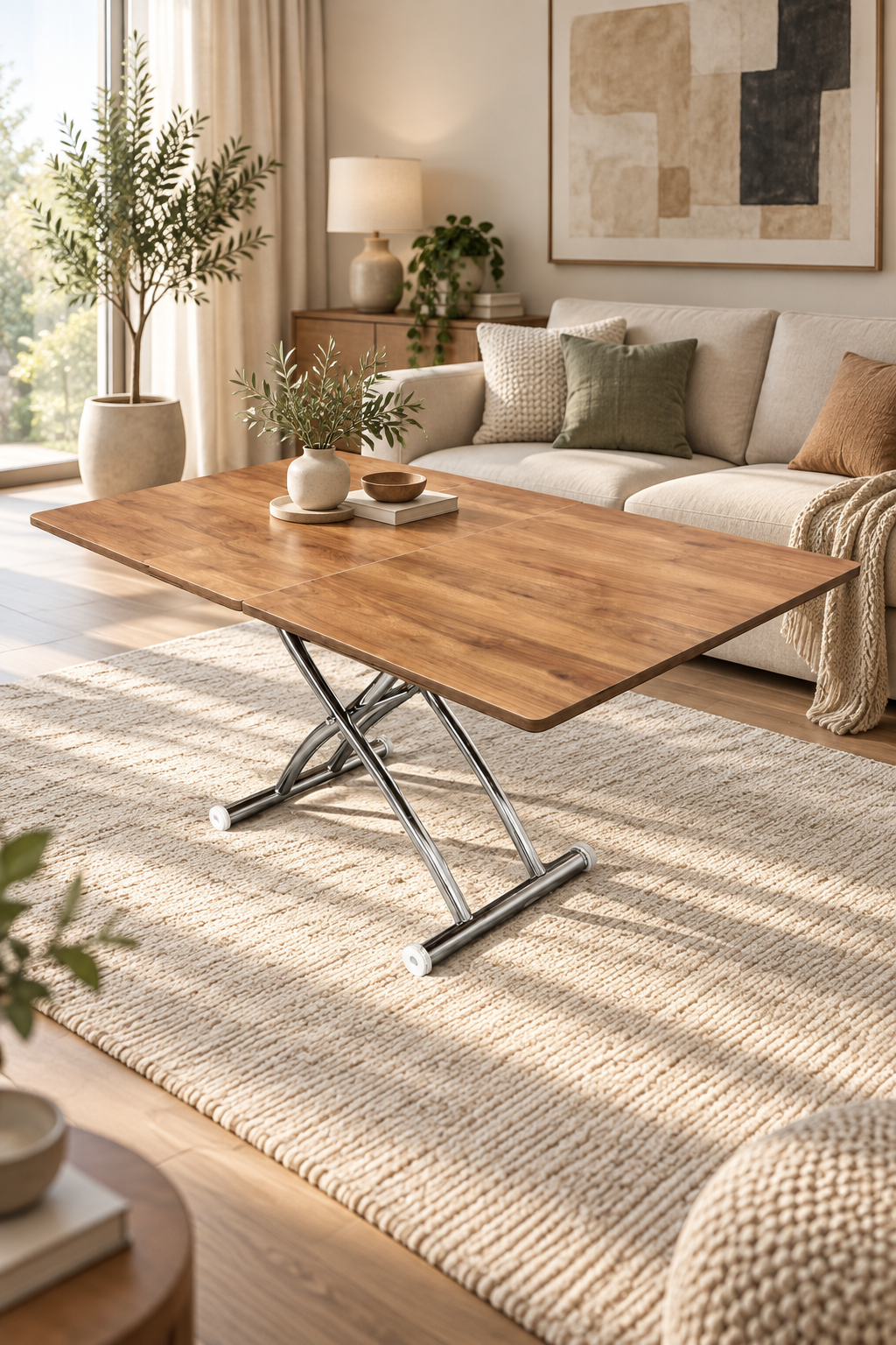 Mid-Openable Square Smart Table | Walnut MDF & Chrome