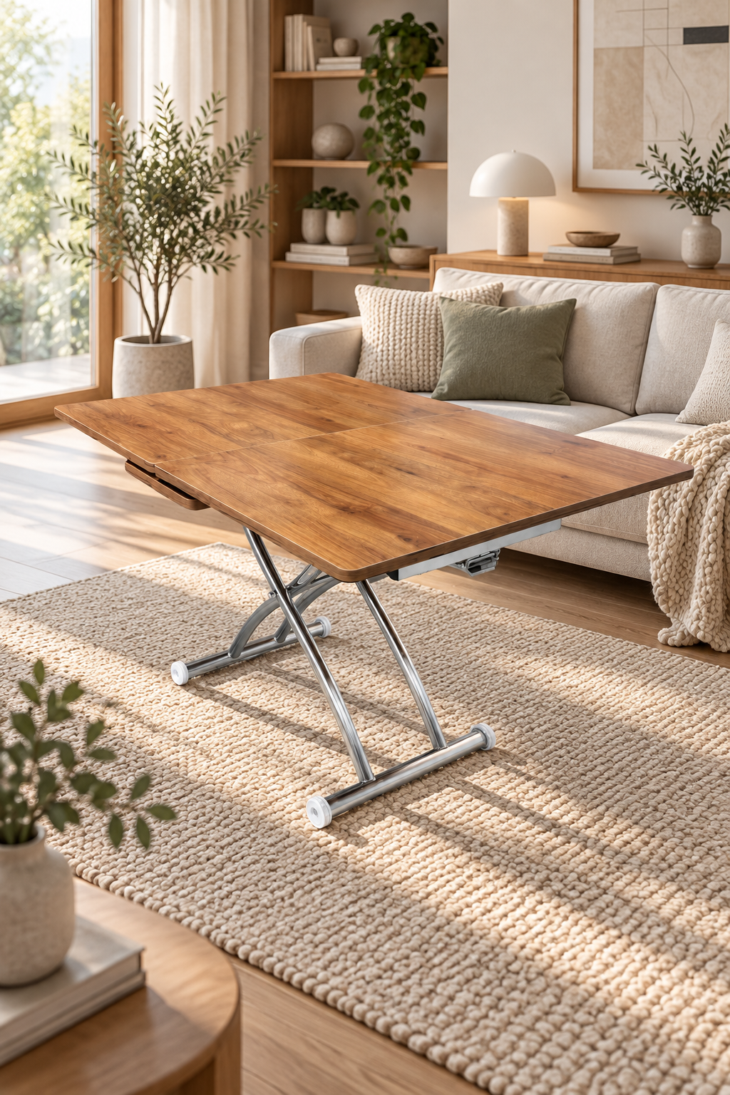 Mid-Openable Square Smart Table | Walnut MDF & Chrome