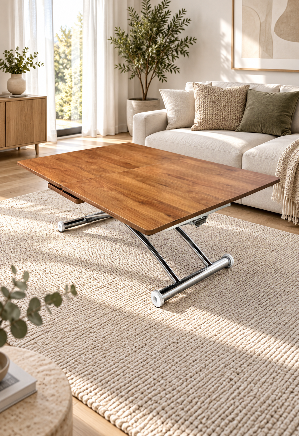 Mid-Openable Square Smart Table | Walnut MDF & Chrome