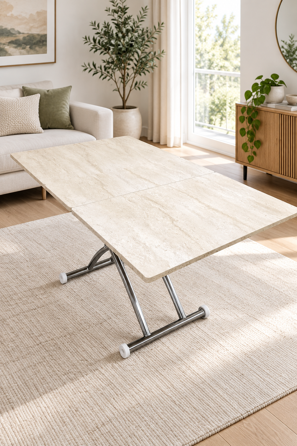 Expanding Square Smart Table | Travertine MDF & Chrome