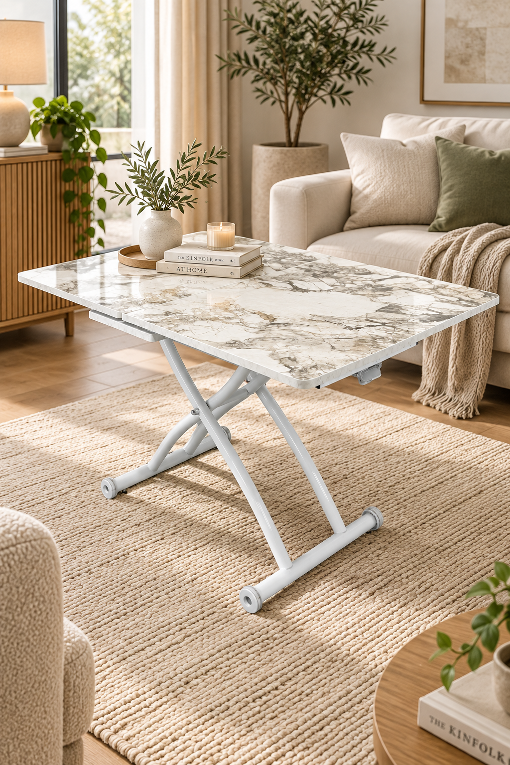 Square Smart Table with Central Opening | White Marble MDF & White