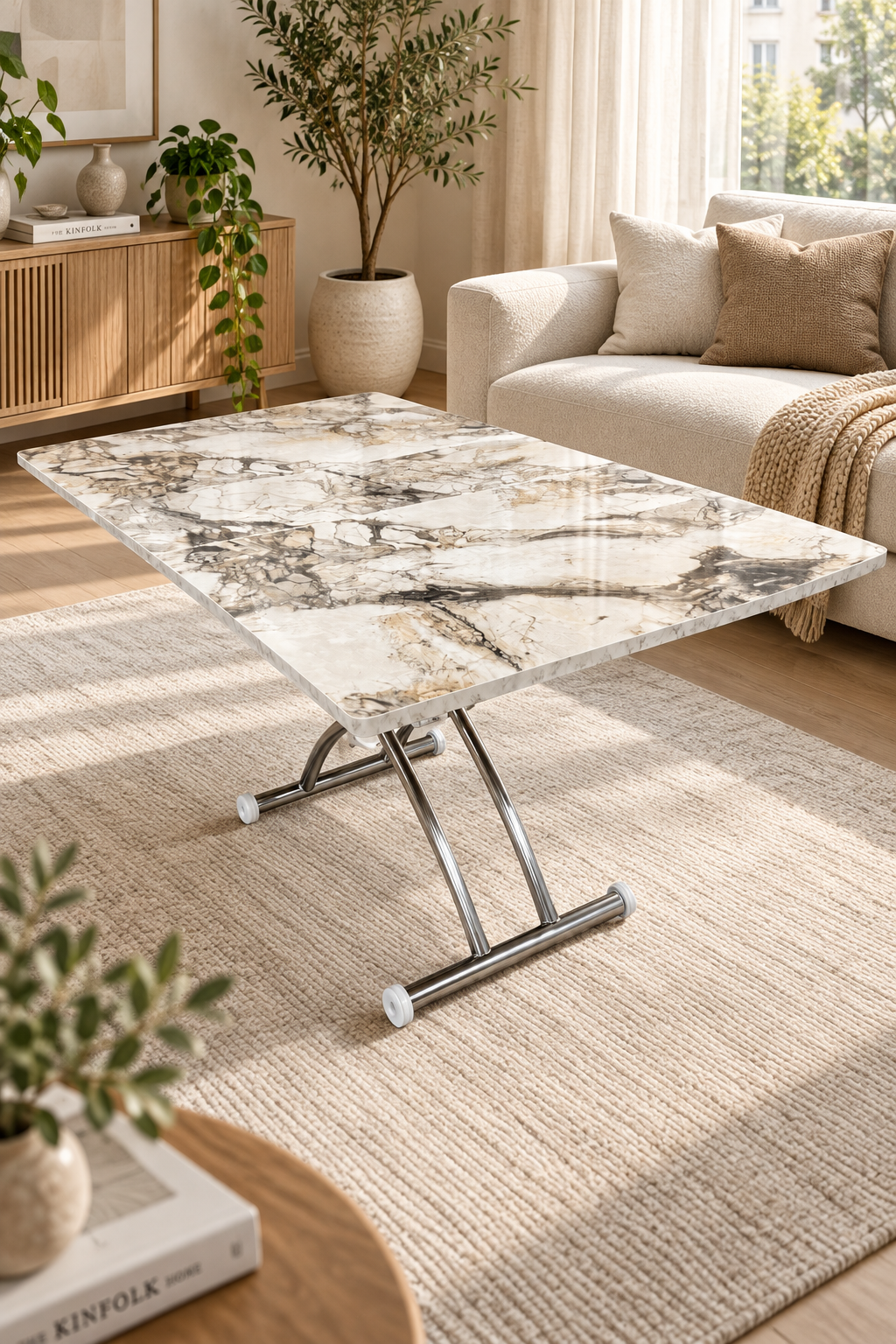 Square Smart Table with Central Opening | White Marble MDF & Chrome