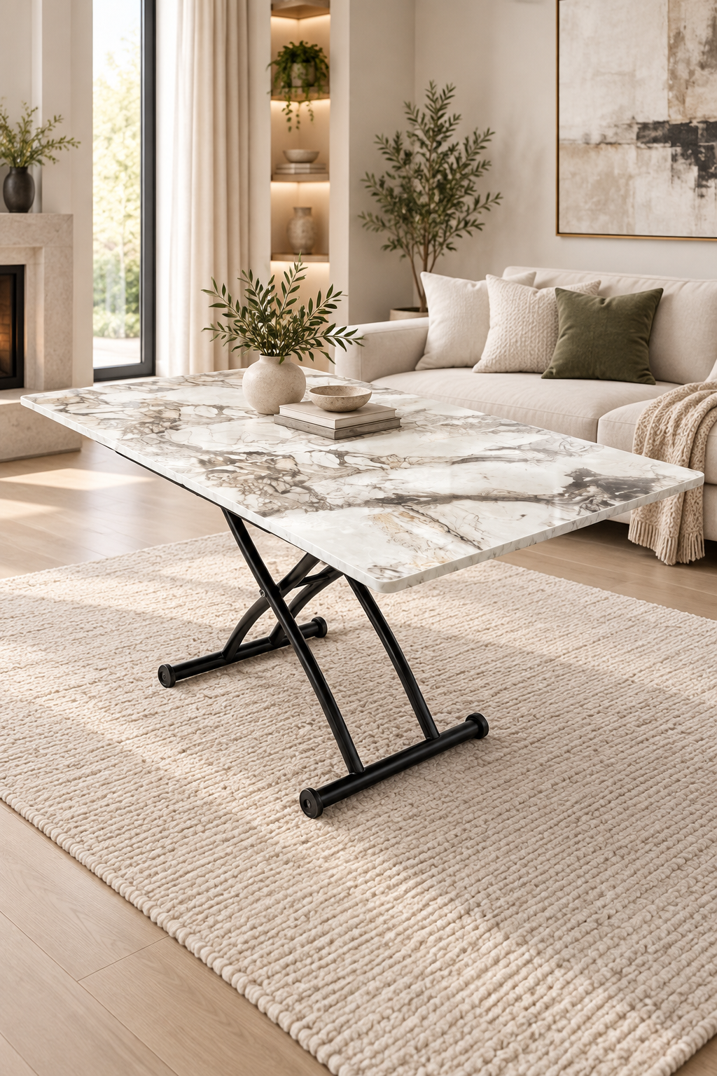 Center Opening Square Smart Table | White Marble MDF & Black