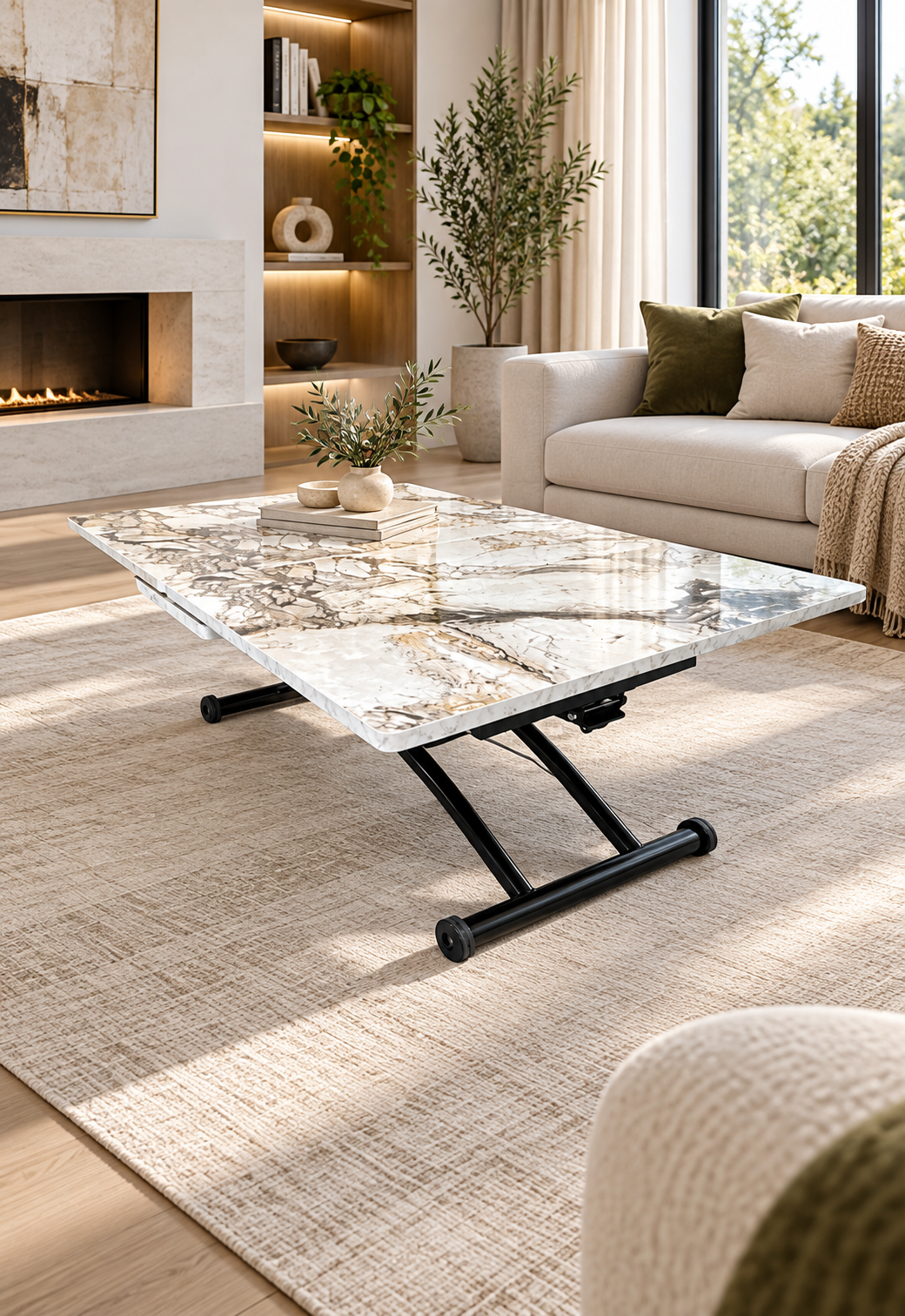 Center Opening Square Smart Table | White Marble MDF & Black