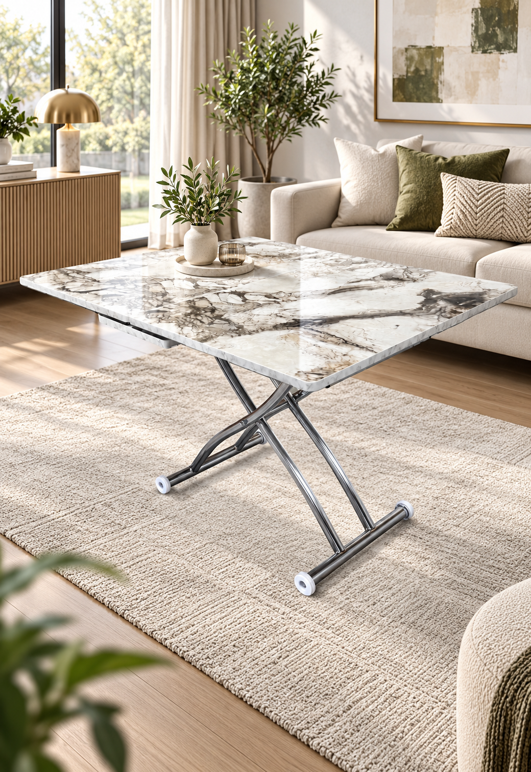 Square Smart Table with Central Opening | White Marble MDF & Chrome