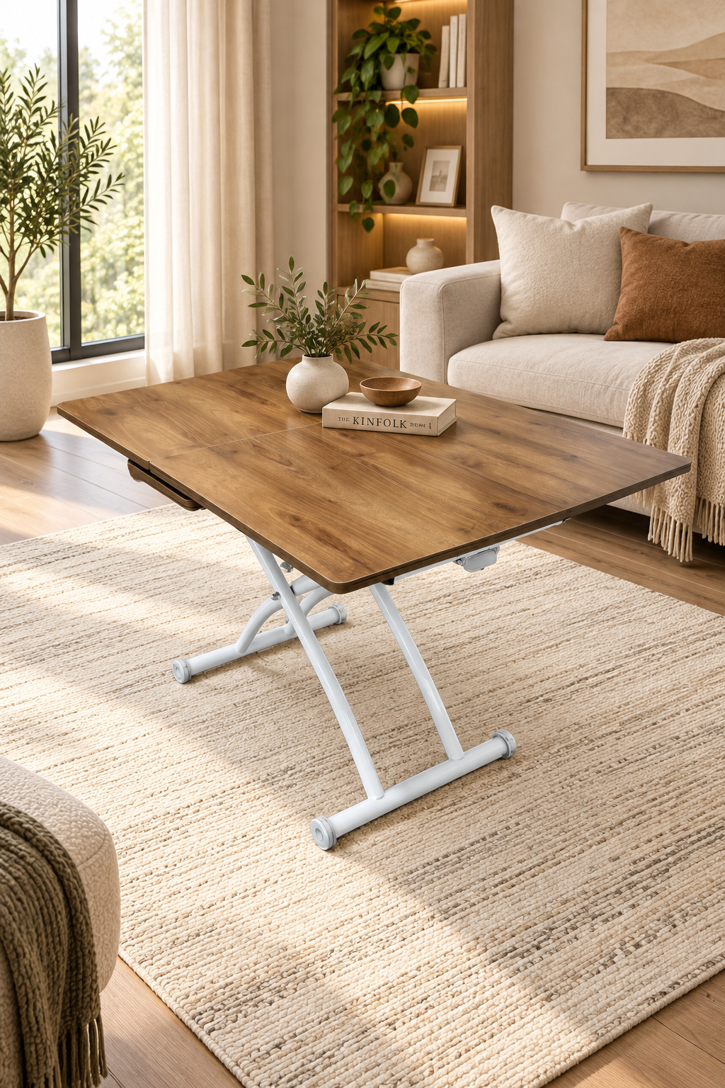 Mid-Opening Square Smart Table | Walnut MDF & White